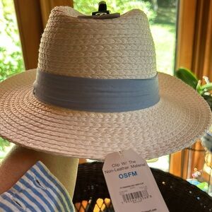 White Panama Hat with Light Blue Band; NWT; OSFM; Clip For Purse included